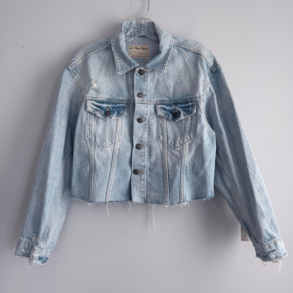 MWT Free People Amelia Slouchy Denim Jacket XS Distressed Cropped Blue Trucker - Picture 6 of 16